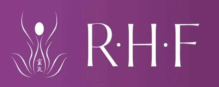 RHF wellness and holistic healing logo with purple background and minimalist lotus-inspired spiritual design
